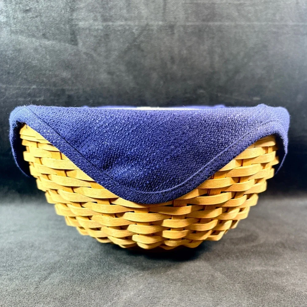 Longaberger 9-inch Bowl Basket 12785 Navy Liner Protector Lid 2002 USA Handwoven